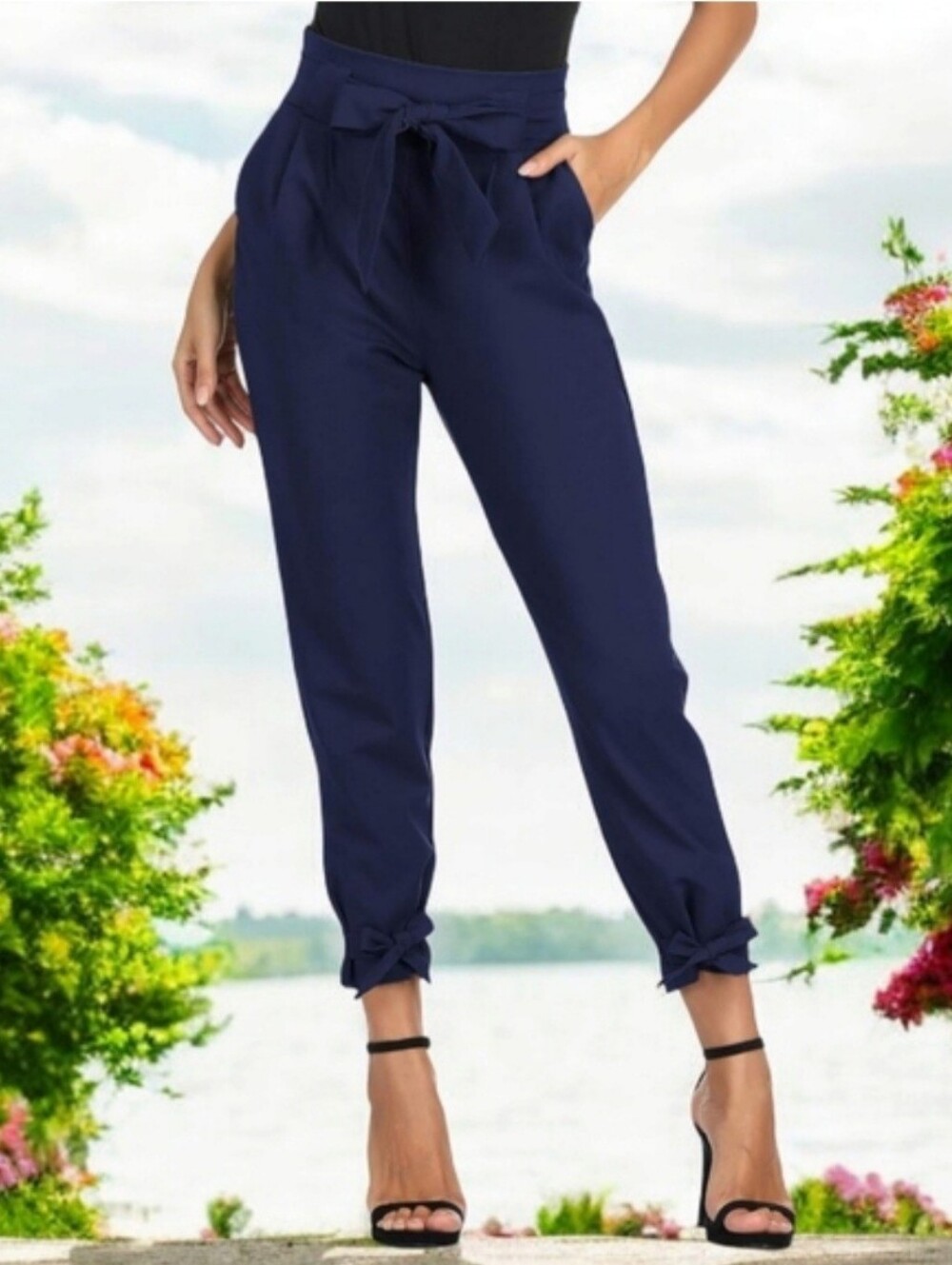 🆕️Womens High Waist Pencil Pants with Pockets Bow-Knot Cropped Paper Bag Sz L